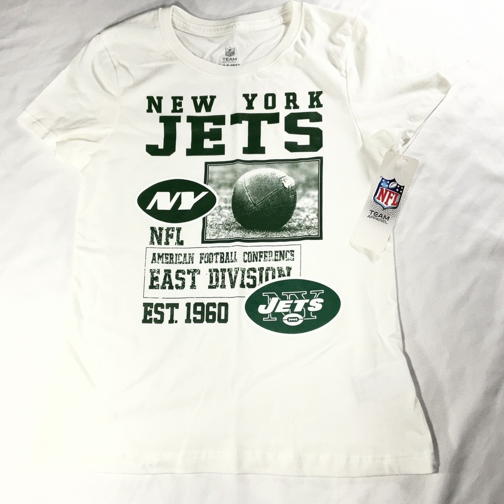 NFL Team Apparel New York Jets Football White/Green T-Shirt Kids Large 10/12
